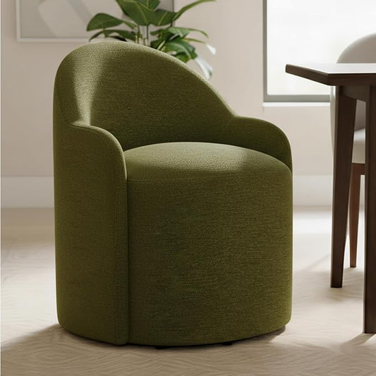 KISLOT Upholstered Dining Chairs with Casters, No Assembly Modern Dining Room Chairs Accent Vanity Chair with 5 Wheels & Round Backrest for Bedroom, Living Room, Dressing, Green Fabric, Set of 1