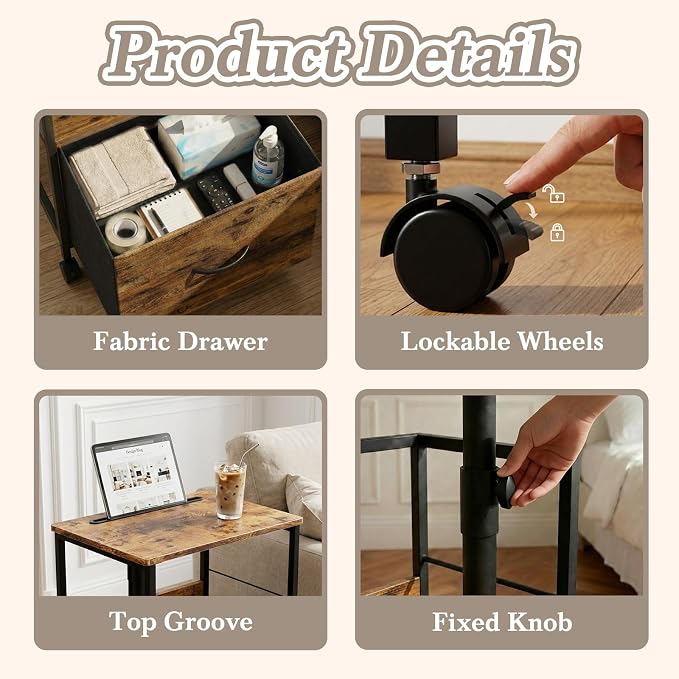 Faesun Swivel Lift Top Nightstand, Rolling Side Table for Recliner, Bedside Table with Wheels & a Fabric Drawer, for Small Spaces, for Bedroom, Living Room, Brown