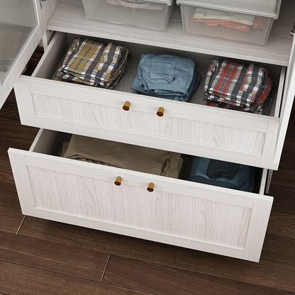 MOUMON Tall Wardrobe with Drawers, Modern Bedroom Armoires with Frosted Glass Doors and Hanging Rod, Armoire Wardrobe Closet with Gold Knobs, Wood Grain 31.5" W x 19.9" D x 86.6" H
