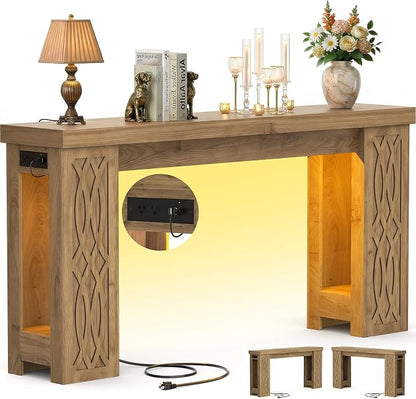 Cyclysio 47" Console Table with Outlet, Farmhouse Entryway Table with Colorful LED Lights, Wooden Sofa Table with Unique Carved Design, Foyer Accent Table for Entrance, Hallway, Living Room Natural