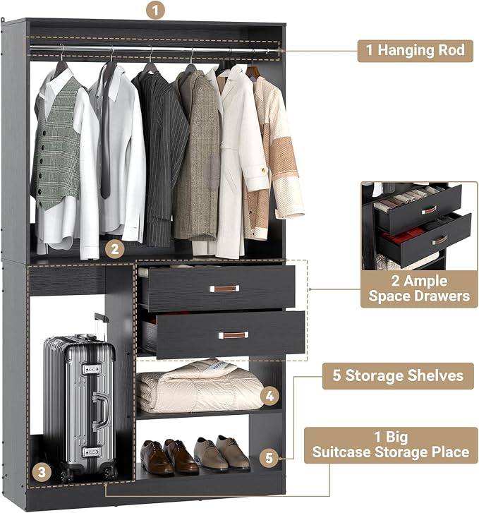 Armocity Freestanding Closet System with Suitcase Storage, 40 Inches Stand-alone Wardrobe with 2 Wood Drawers, 80'' Height Adjustable Cloth Garment Rack, Walk-in Closet with Hanging Rod, Black