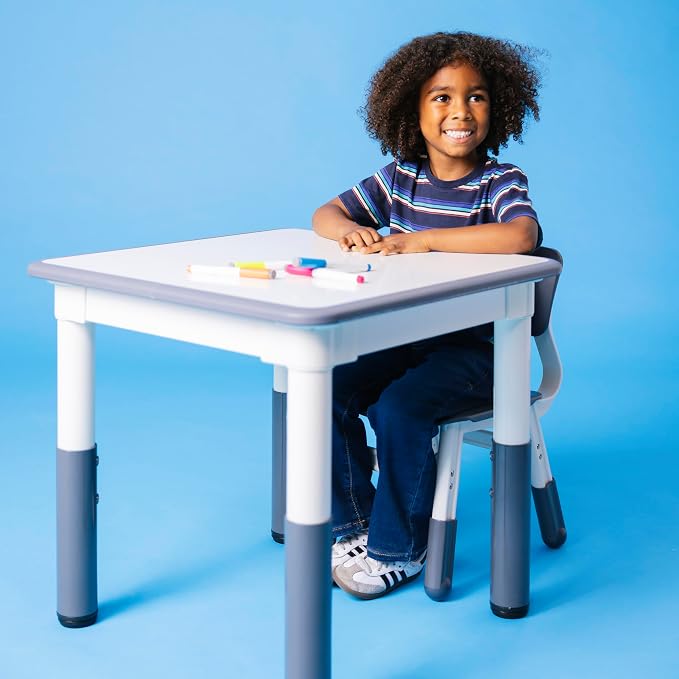 Back2School Express Dry-Erase Activity Table and Chairs Set for Toddlers, Adjustable Height Kids Desk, Preschool Learning Furniture, Grey, 3-Piece