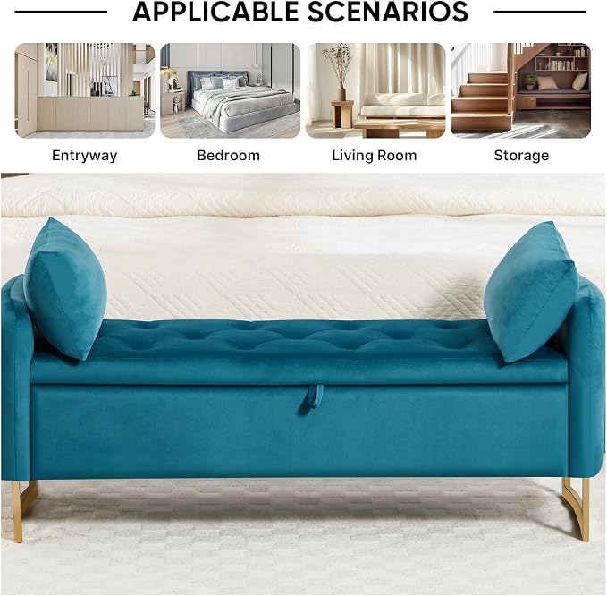 48" End of Bed Bench, Modern Storage Benches with Button-Tufted, Velvet Upholstered Storage Ottoman Bench for Foot of Bed with Arms, Gold Legs Window and Entryway, Vintage Green