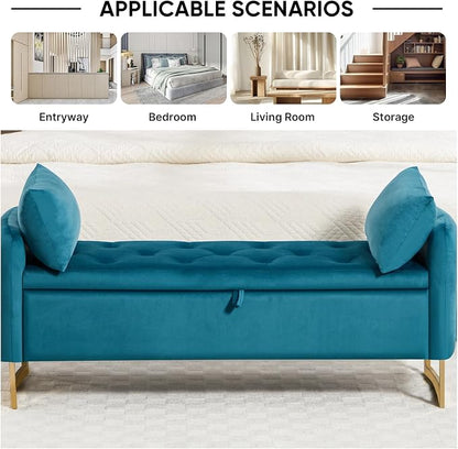 48" End of Bed Bench, Modern Storage Benches with Button-Tufted, Velvet Upholstered Storage Ottoman Bench for Foot of Bed with Arms, Gold Legs Window and Entryway, Vintage Green