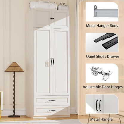 Armoire Wardrobe Closet with Drawers: Bedroom Armoires with Hanging Rod, Wooden Closet Cabinet for Hanging Clothes, Tall Wardrobes Closets with Doors and Shelves (White, 32")