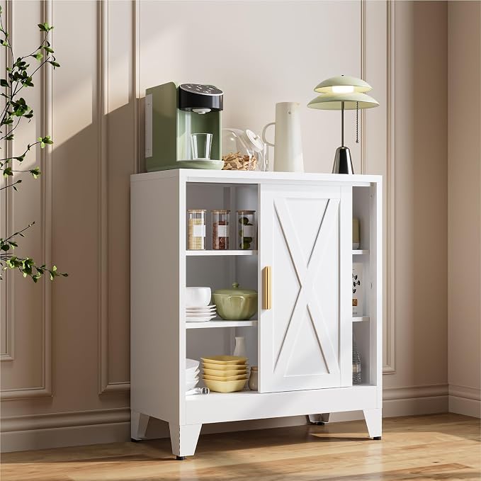 37” H Coffee Bar Storage Cabinet with Sliding Door and Adjustable Shelves,31.5" Wide by 15.8" Deep Small Metal Cabinet,Buffet Sideboard for Living Room Kitchen,White
