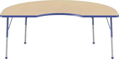FDP Kidney Activity School and Office Table (48 x 72 inch), Standard Legs with Ball Glides for Collaborative Seating Environments, Adjustable Height 19-30 inches - Maple Top and Blue Edge