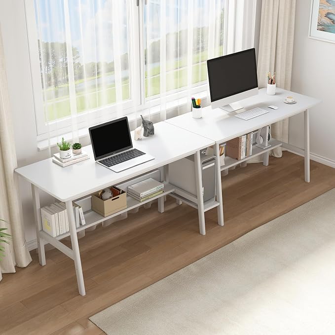 NELYE 2 Person Desk with Storage Bookshelf, 110” x 24” in, White | Fits Two People, Trapezoid Solid Wood Legs for Stability, Splits into Two Desks, Suitable for Home Office and Study