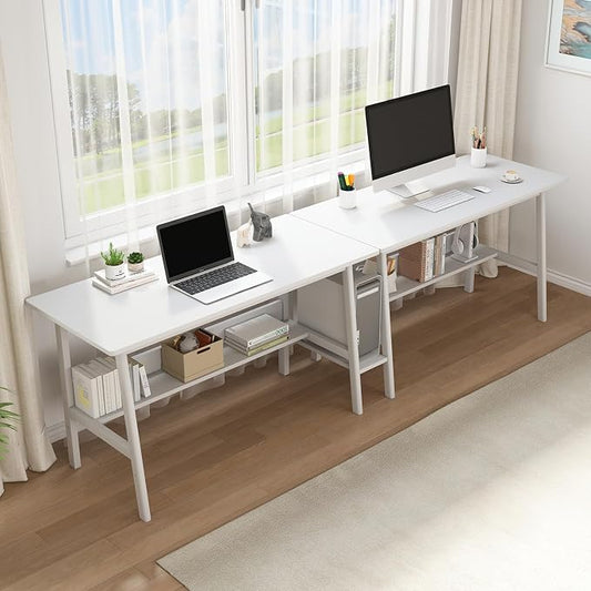 NELYE 2 Person Desk with Storage Bookshelf, 110” x 24” in, White | Fits Two People, Trapezoid Solid Wood Legs for Stability, Splits into Two Desks, Suitable for Home Office and Study