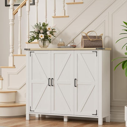 5-Tier Shoe Storage Cabinet, Farmhouse Shoe Rack Organizer Cabinet with 4 Adjustable Shelves & Side Cabinets, Freestanding Shoe Cabinet Storage with Anti-tip Fitting for Entryway, 47.3L×13.7W×40.7H