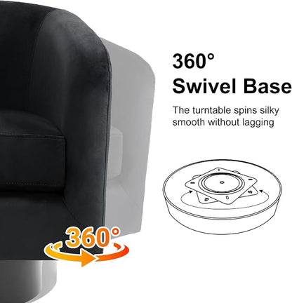Swivel Barrel Accent Chair, Modern Round Chenille Fabric Arm Chair for Living Room, Bedroom, Comfy Club Reading Chairs for Adults（Velvet Black, Set of 2