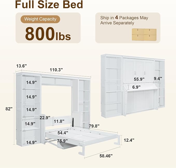 Olela Murphy Bed Full Size with Desk & Storage, Vertical Murphy Wall Bed Cabinet Desk & Bookcase Storage Combo, Space Saving Hideaway Beds for Home Office Guest Room, White