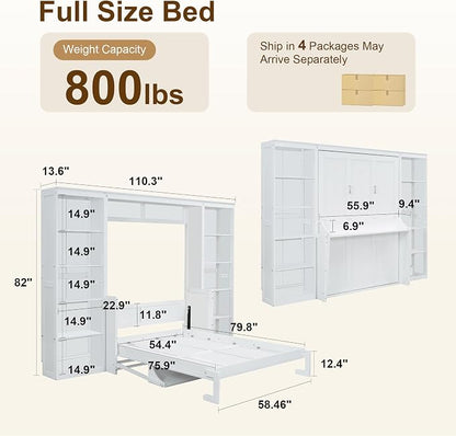 Olela Murphy Bed Full Size with Desk & Storage, Vertical Murphy Wall Bed Cabinet Desk & Bookcase Storage Combo, Space Saving Hideaway Beds for Home Office Guest Room, White