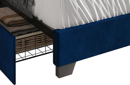 HOME DESIGN Valdez King Size Upholstered Storage Platform Bed Frame, Velvet Fabric, Channel Tufted Headboard, 4 Drawers, No Box Spring Needed, Blue