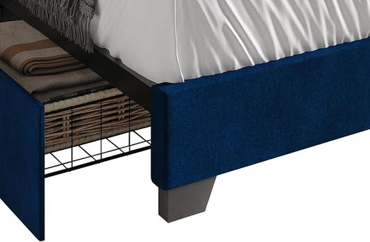 HOME DESIGN Valdez King Size Upholstered Storage Platform Bed Frame, Velvet Fabric, Channel Tufted Headboard, 4 Drawers, No Box Spring Needed, Blue