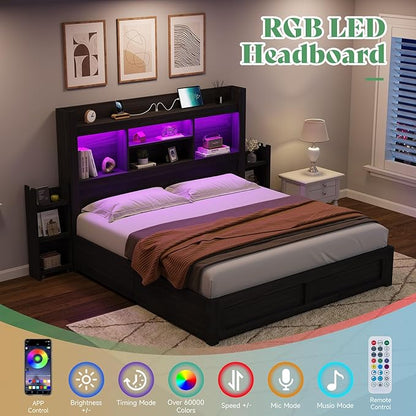 AMERLIFE Full Size Bed Frame with 4 Storage Drawers, LED Bed Frame with 49.6" Tall Bookcase Headboard, Wood Platform Bed with Charging Station & 2 Slide Bedside Shelf, No Box Spring Needed/Black