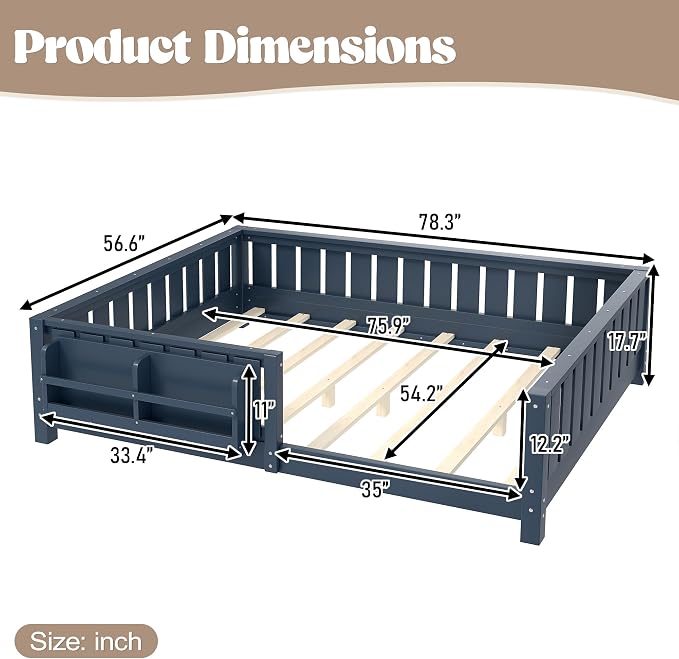 Bellemave Full Size Montessori Floor Bed with Slats and Fence, Full Size Montessori Bed with Rails and Bookcase, Easy Assemble Floor Beds Frame,Blue