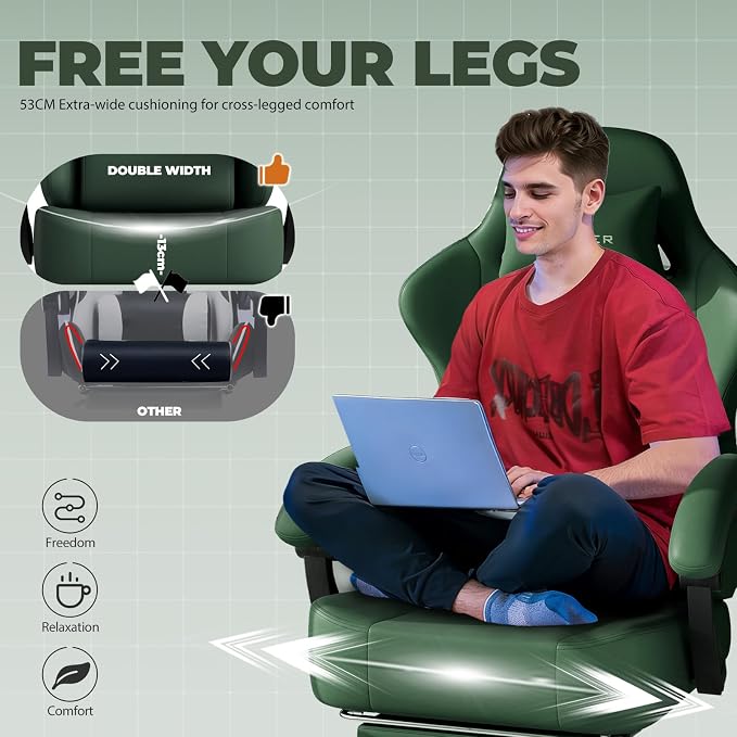 GTPLAYER Gaming Chair with Pocket Spring Cushion, Big and Tall Gamings Chairs 350LBS High Back Computer Chair with Footrest for Adults Lumbar Support Swivel Game Chair for Office, Leather Green