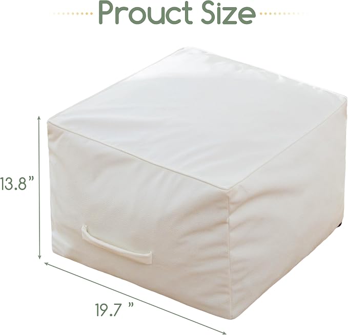 HIGOGOGO Square Stuffed Pouf Ottoman, Pu Leather Poufs with Foam Chunk Filling, Furry and Fluffy Pouf Foot Stool Storage Ottoman,20 X 14 Inches Floor Poufs Foot Rest for Living Room, Beige
