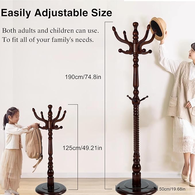 Wooden Coat Rack Freestanding, Hall Tree Hanger With Resin Hooks, Adjustable Heavy Duty Coat Rack for Hanging Clothes Bags Hats in Living Room Bedroom (coat rack, Round Base-Antique Color)