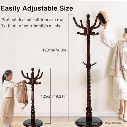 Wooden Coat Rack Freestanding, Hall Tree Hanger With Resin Hooks, Adjustable Heavy Duty Coat Rack for Hanging Clothes Bags Hats in Living Room Bedroom (coat rack, Round Base-Antique Color)