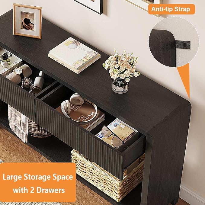 FATORRI Console Table for Entryway, 47.2 inch Modern Sofa Table with 2 Drawers for Living Room, Wood Hallway Tables and Couch Tables Behind Sofa, Black