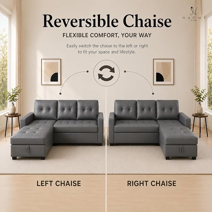 Naomi Home 84" L-Shaped Sectional Sleeper Sofa with Pull Out Bed | Sleeps Guests Comfortably, Stores Essentials in Chaise & Saves Space, Air Leather, Dark Gray Convertible Sofa Bed