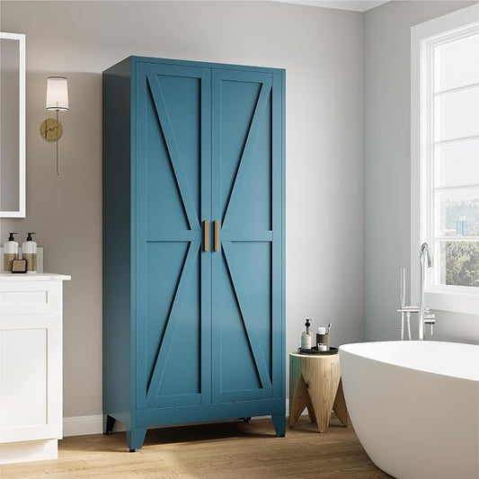 71" Tall Metal Armoire Wardrobe Closet with Removable Hanging Rod and Adjustable Shelves,Blue