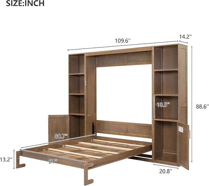 Ball & Cast Murphy Bed Queen Bed Frame with Headboard,Hideaway Bedframe w/Storage Shelves and Cabinets,Wood Wall Chest,Slat Support,can be Folded,No Box Spring Needed,for Small Room,Wood