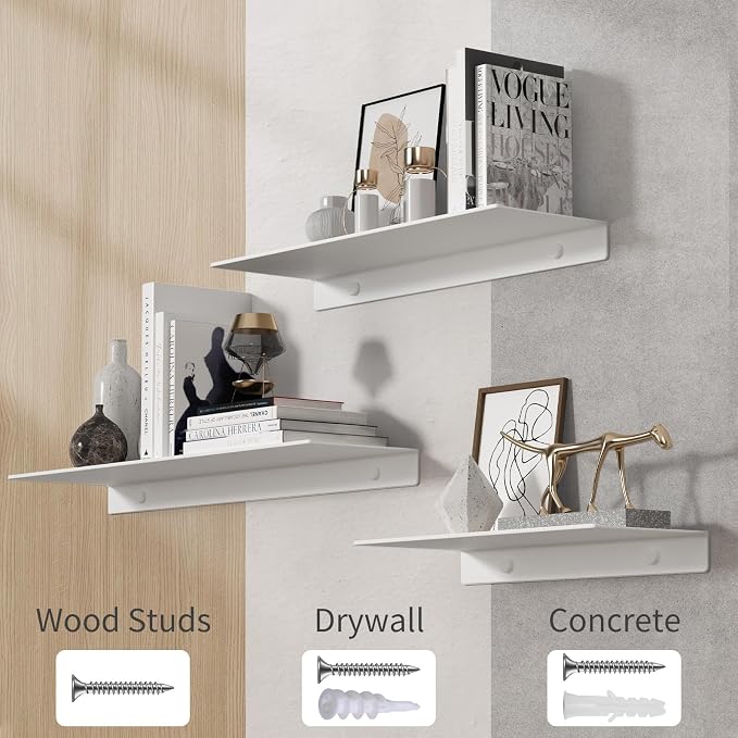 Danpoo 8 inch White Small Floating Shelves for Wall Organizer & Storage, Mini Display Shelves, Metal Wall Shelves for Bathroom, Living Room, Kitchen, Bedroom(2-Pack)