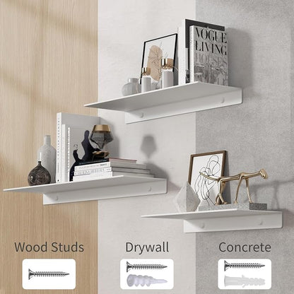 Danpoo 16 inch White Metal Floating Shelves for Wall Organizer & Storage, Display Shelves for Bathroom, Living Room, Kitchen, Bedroom(2-Pack)
