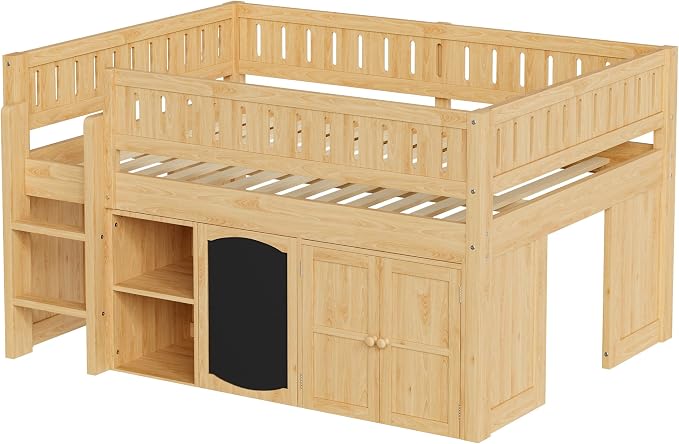 Full Size Loft Bed with Storage Cabinet & Chalkboard Panel, Wood Loft Bed Frame, Space-Saving Design, Natural