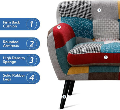 Bonzy Home Modern Boho Loveseat Couch Sofa Chair for Living Room Bedroom, Upholstered Colorful Plaid Fabric 2-Seat Love Seat Sofa with Wood Leg for Small Space, One Loveseat