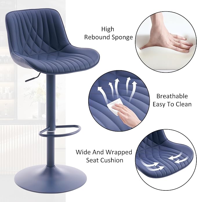 YOUTASTE Bar Stools Set of 2, Adjustable Swivel Counter Height Barstools with Back, All Navy Blue Faux Leather Upholstered Bar Chairs with Metal Base, Stools for Kitchen Island or Home Bar