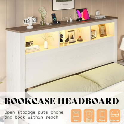 AMERLIFE 3-piece Farmhouse Bedroom Furniture Set, Includes 1 Queen LED Platform Bed Frame with Bookcase Storage Headboard & Charging Station, and 2 Nightstands with Drawers, Distressed White