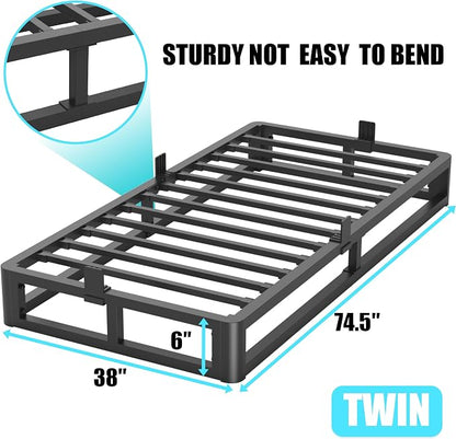 Bilily 6 Inch Twin Bed Frame with Round Corner, Heavy Duty 3500 LBS Steel Slats Support with Mattress Slide Stopper, No Box Spring Needed, Noise Free, Easy Assembly