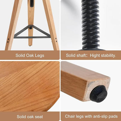 2-Piece Adjustable Height Swivel Bar Stool - Industrial Rustic Style, Solid Oak Wood Seat and Frame, 24.8"-28.7", Natural Finish, Anti-Slip Pads - Perfect for Kitchen, Bar, Counter, Home - Heavy Duty