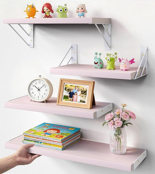 BAYKA Wall Shelves for Bedroom Decor, Pink Floating Wall Shelf for Living Room Kitchen Storage,Mounted Rustic Wood Shelves for Kids Books, Corner Shelf for Bathroom(16in，Set of 4)