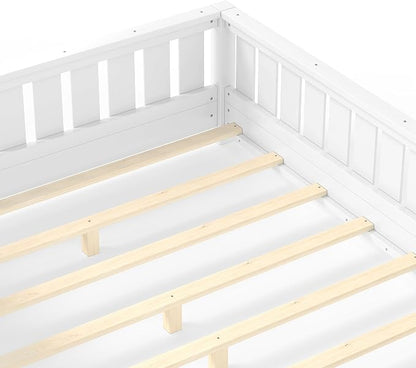 Bellemave Full Floor Bed with high Rails and with Built-in Bookshelf for Kids, Girls, Boys, Wood Montessori Floor Bed Without Door, White