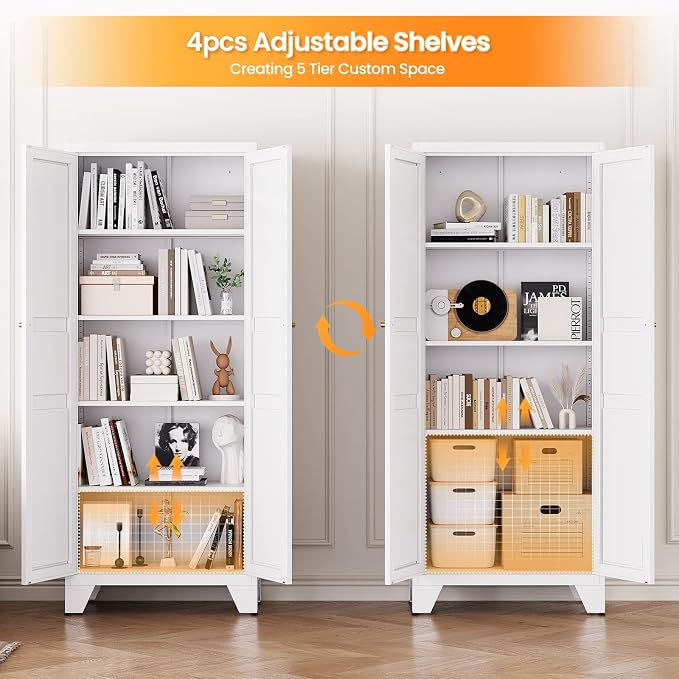 71" Tall Kitchen Cabinet Storage Unit With 2 Doors and 4 Adjustable Shelve, Metal White Freestanding Cupboard, 5 Tier Kitchen Pantry Storage Cabinet for Kitchen Dining/Living Room/Garage/Home/Office