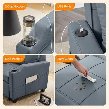 VINGLI Sleeper Chair with Pull Out Couch Bed, 3-in-1 Convertible Sofa Bed Chaise Recliner with USB Ports, Cup Holders, Side Pockets for Living Room Bedroom Small Spaces