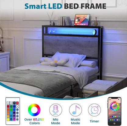 Kiivakii Twin Size Bed Frame with 4 Storage Drawers, LED Platform Bed with Headboard, Built in Charging Station, Noise-Free, Metal Support Base, No Box Spring Needed, Gray