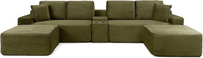 ivoros 150 Inch Modular Sectional Sofa Couch, Oversized Modern Cloud Couch for Living Room, U Shape Couches with 2 Ottomans, USB Ports and Cup Holders, Green Corduroy Boneless Sofas, Sofa in a Box