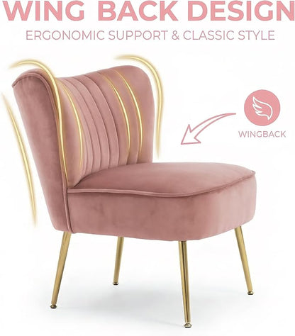 DUOMAY Modern Accent Chair Set of 2 Velvet Slipper Chair with Gold Legs Wingback Side Chair for Living Room Bedroom Entryway Small Corner Chair for Space Saving, Blush Pink