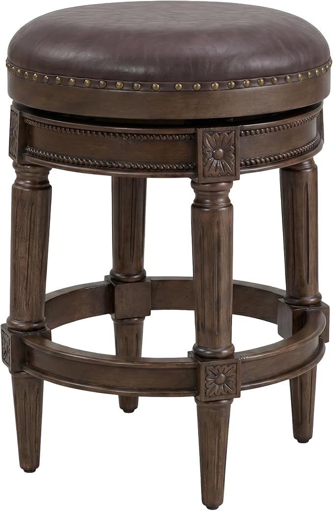 ROME + OAK Runyan 26" Swivel Counter Stool, Rotating Backless Barstool in Walnut with Brown Vegan Leather Seat - for Kitchens or Dining Rooms