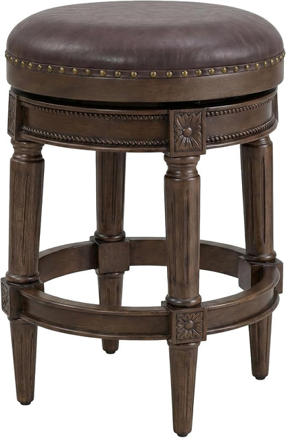 ROME + OAK Runyan 26" Swivel Counter Stool, Rotating Backless Barstool in Walnut with Brown Vegan Leather Seat - for Kitchens or Dining Rooms