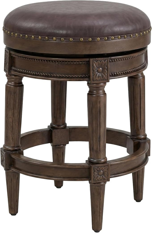 ROME + OAK Runyan 26" Swivel Counter Stool, Rotating Backless Barstool in Walnut with Brown Vegan Leather Seat - for Kitchens or Dining Rooms