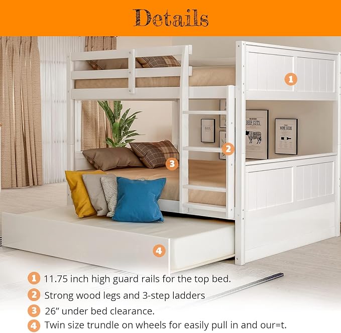 MERITLINE Detachable Full Over Full Bunk Bed with Trundle，Solid Wood Full Size Floor Bunk Bed for Kids, White Bunk Bed Full