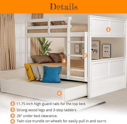 MERITLINE Detachable Full Over Full Bunk Bed with Trundle，Solid Wood Full Size Floor Bunk Bed for Kids, White Bunk Bed Full