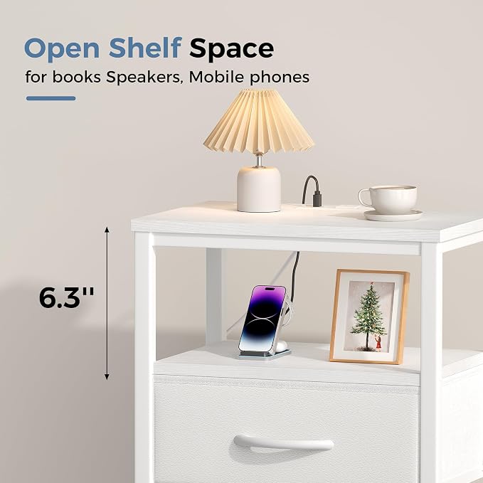 DUMOS Nightstand Set of 2 with Wireless Charging Station,Bedside Tables with Adjustable Fabric Drawers,3-Tier Storage End Tables with Open Shelf, Modern Small NightStands for Bedroom Furniture,White